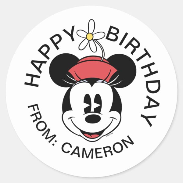 Classic_Minnie___Flower_Face___Happy_Birthday_Classic_Round_Sticker_1 Classic Minnie Flower Face Happy Birthday Classic Round Sticker