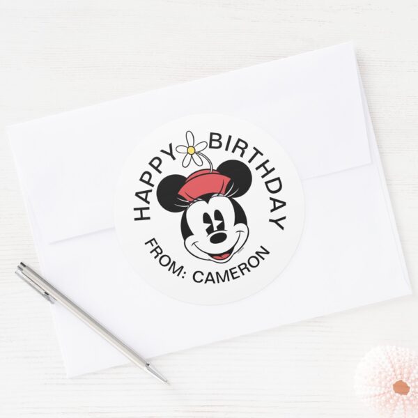 Classic_Minnie___Flower_Face___Happy_Birthday_Classic_Round_Sticker_3 Classic Minnie Flower Face Happy Birthday Classic Round Sticker