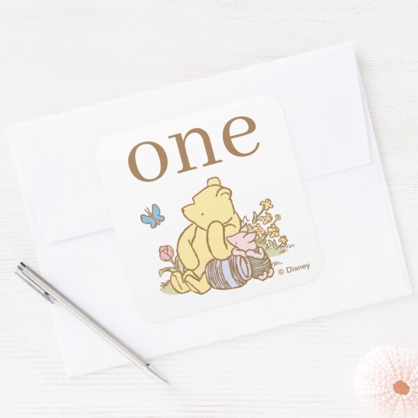 Classic_Pooh_and_Piglet_First_Birthday_Square_Sticker_3 Classic Pooh And Piglet First Birthday Square Sticker