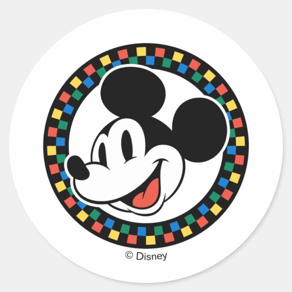 Classic_Retro_Mickey_Mouse_Colorful_Checkered_Classic_Round_Sticker_1 Classic Retro Mickey Mouse Colorful Checkered Classic Round Sticker