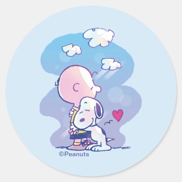 Comfort_&_Security___Charlie_&_Snoopy_Hug_Classic_Round_Sticker_1 Comfort Security Charlie Snoopy Hug Classic Round Sticker