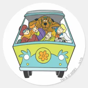 Crowded_In_The_Mystery_Machine_Classic_Round_Sticker_1 Crowded In The Mystery Machine Classic Round Sticker