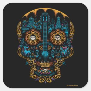 Disney Pixar Coco Colorful Ornate Skull Guitar Square Sticker