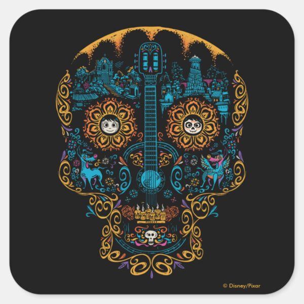 Disney_Pixar_Coco___Colorful_Ornate_Skull_Guitar_Square_Sticker_1 Disney Pixar Coco Colorful Ornate Skull Guitar Square Sticker