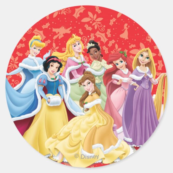 Disney_Princess___Holiday_Dresses_Classic_Round_Sticker_1 Disney Princess Holiday Dresses Classic Round Sticker