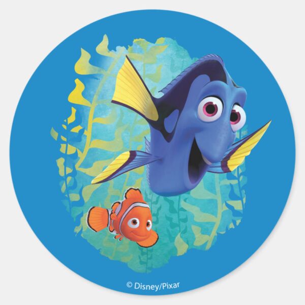 Dory_&_Nemo___Swim_With_Friends_Classic_Round_Sticker_1 Dory Nemo Swim With Friends Classic Round Sticker