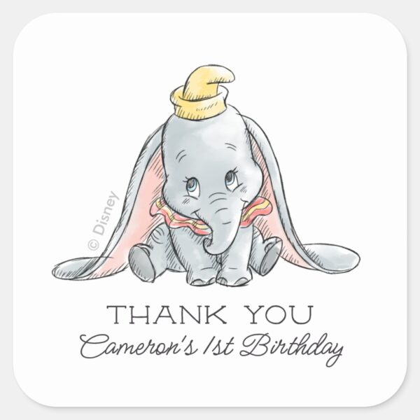 Dumbo_Watercolor_1st_Birthday_-_Thank_You_Square_Sticker_1 Dumbo Watercolor 1st Birthday Thank You Square Sticker