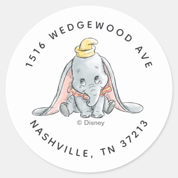 Dumbo_Watercolor_Birthday_Address_Classic_Round_Sticker_1 Dumbo Watercolor Birthday Address Classic Round Sticker