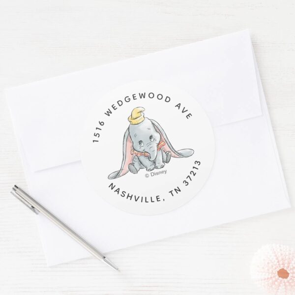 Dumbo_Watercolor_Birthday_Address_Classic_Round_Sticker_3 Dumbo Watercolor Birthday Address Classic Round Sticker
