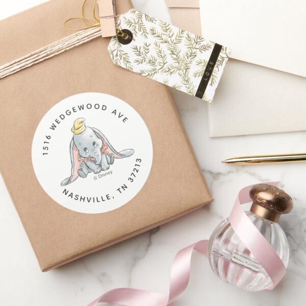 Dumbo_Watercolor_Birthday_Address_Classic_Round_Sticker_5 Dumbo Watercolor Birthday Address Classic Round Sticker