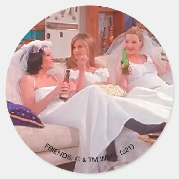 FRIENDS™___The_Girls_in_Wedding_Dresses_Classic_Round_Sticker_1 FRIENDS™ The Girls In Wedding Dresses Classic Round Sticker