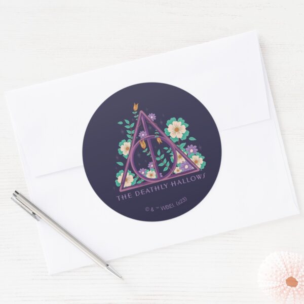 Floral_Deathly_Hallows_Graphic_Classic_Round_Sticker_3 Floral Deathly Hallows Graphic Classic Round Sticker