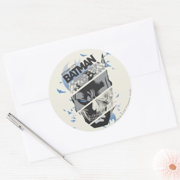 Gotham_City_Batman_Skull_Collage_Classic_Round_Sticker_3 Gotham City Batman Skull Collage Classic Round Sticker