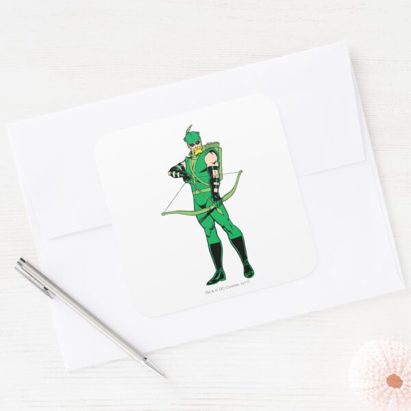 Green Arrow Standing With Bow Square Sticker