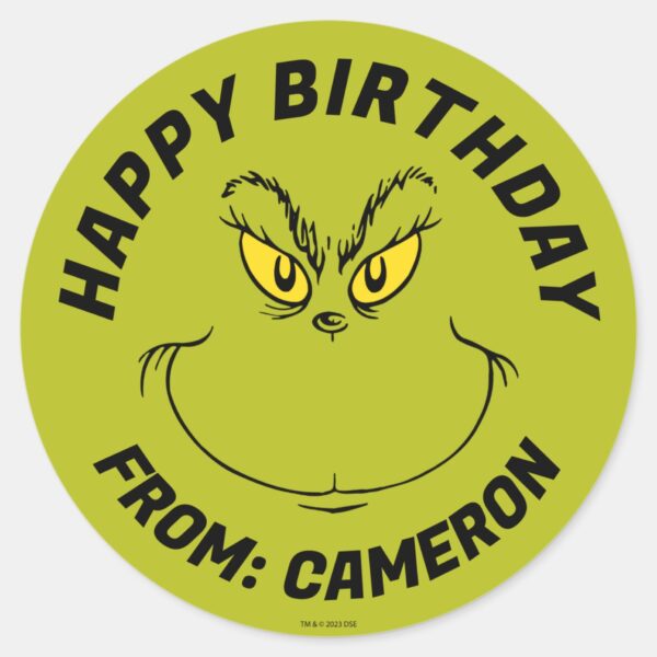 Grinch_Face___Happy_Birthday_Classic_Round_Sticker_1 Grinch Face Happy Birthday Classic Round Sticker