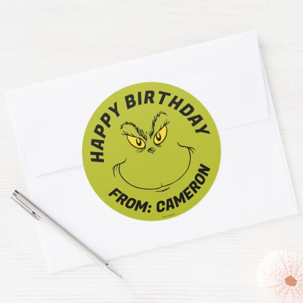 Grinch_Face___Happy_Birthday_Classic_Round_Sticker_3 Grinch Face Happy Birthday Classic Round Sticker