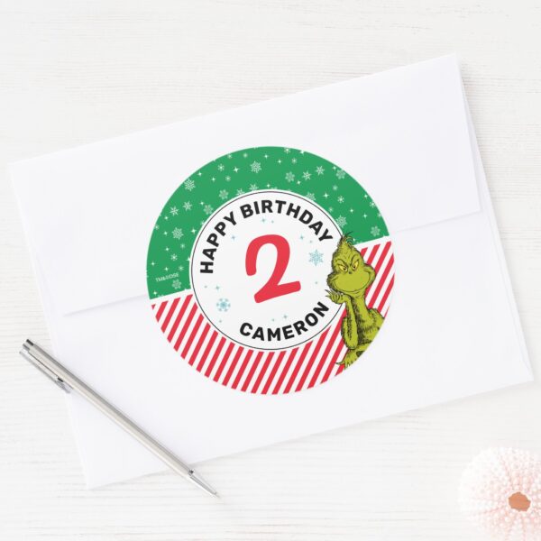 Grinch_Red_and_Green_Snowflake_Birthday_Classic_Round_Sticker_3 Grinch Red And Green Snowflake Birthday Classic Round Sticker
