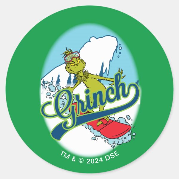 Grinch_Snowboarding_Classic_Round_Sticker_1 Grinch Snowboarding Classic Round Sticker