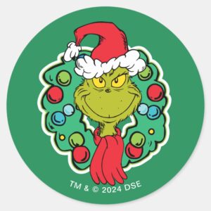 Grinch Christmas Holiday Wreath Classic Round Sticker