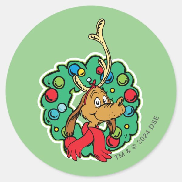 Grinch___Max_Christmas_Wreath_Classic_Round_Sticker_1 Grinch Max Christmas Wreath Classic Round Sticker