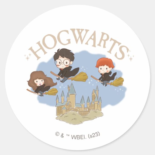 HARRY_POTTER™,_Hermione,_&_Ron_Fly_Over_HOGWARTS™_Classic_Round_Sticker_1 HARRY POTTER™ Hermione Ron Fly Over HOGWARTS™ Classic Round Sticker