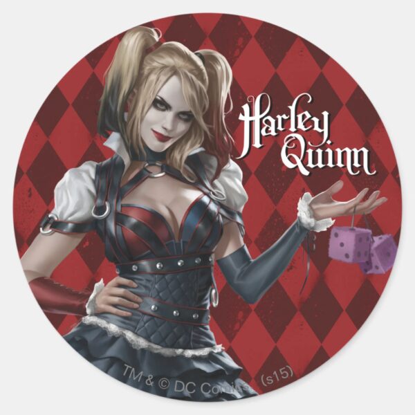 Harley_Quinn_With_Fuzzy_Dice_Classic_Round_Sticker_1 Harley Quinn With Fuzzy Dice Classic Round Sticker
