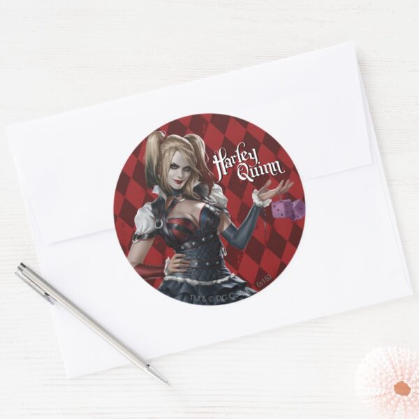 Harley_Quinn_With_Fuzzy_Dice_Classic_Round_Sticker_3 Harley Quinn With Fuzzy Dice Classic Round Sticker