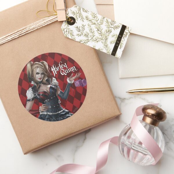 Harley_Quinn_With_Fuzzy_Dice_Classic_Round_Sticker_5 Harley Quinn With Fuzzy Dice Classic Round Sticker