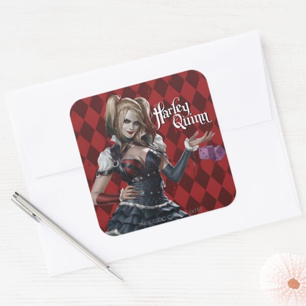 Harley_Quinn_With_Fuzzy_Dice_Square_Sticker_3 Harley Quinn With Fuzzy Dice Square Sticker
