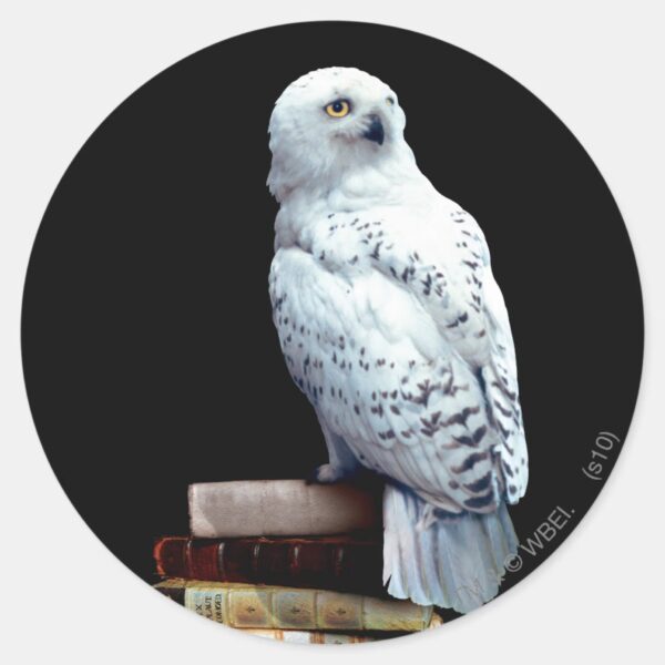 Hedwig_on_books_classic_round_sticker_1 Hedwig On Books Classic Round Sticker