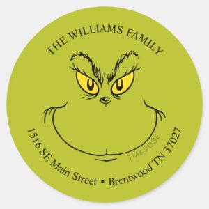 How Grinch Stole Christmas Face Address Classic Round Sticker