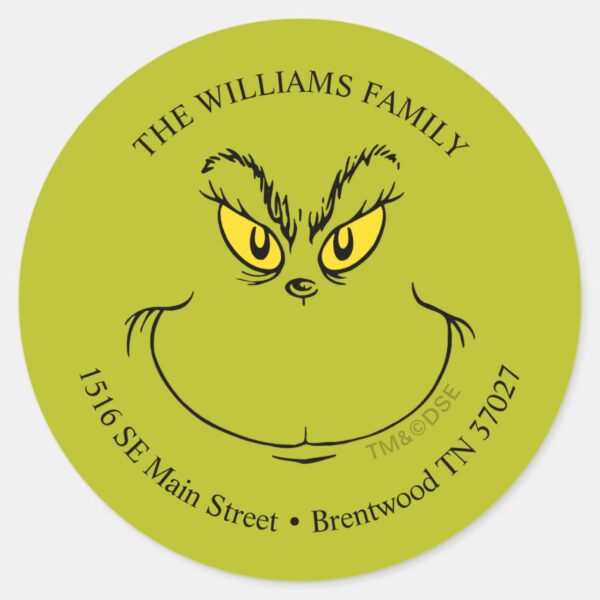 How_Grinch_Stole_Christmas_Face_-_Address_Classic_Round_Sticker_1 How Grinch Stole Christmas Face Address Classic Round Sticker