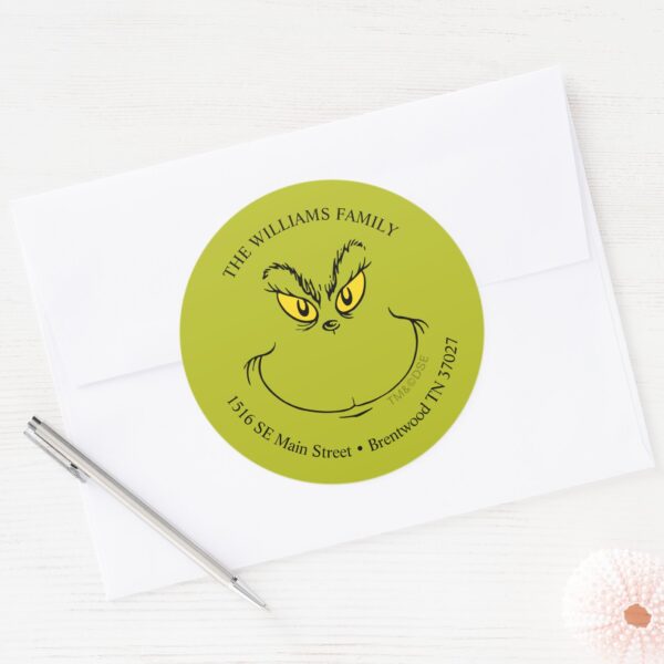 How_Grinch_Stole_Christmas_Face_-_Address_Classic_Round_Sticker_3 How Grinch Stole Christmas Face Address Classic Round Sticker