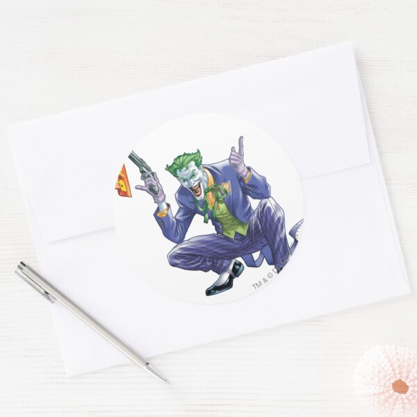 Joker_with_fake_gun_classic_round_sticker_3 Joker With Fake Gun Classic Round Sticker