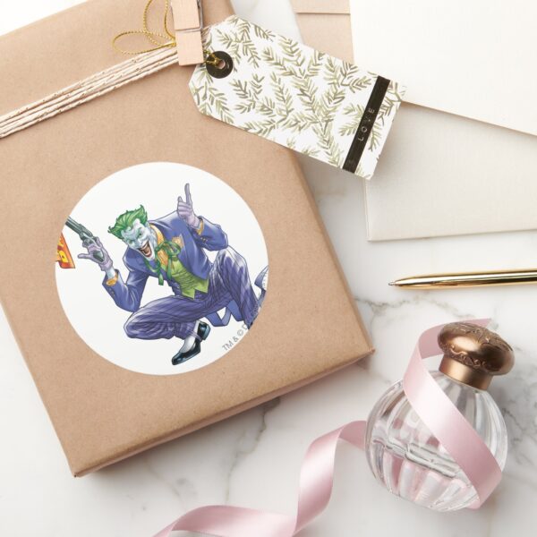 Joker_with_fake_gun_classic_round_sticker_5 Joker With Fake Gun Classic Round Sticker