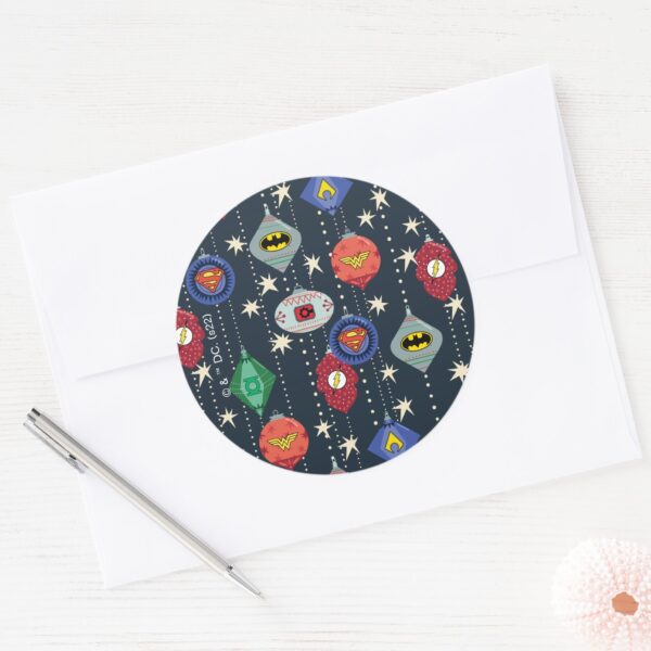 Justice_League_Holiday_Bauble_Pattern_Classic_Round_Sticker_3 Justice League Holiday Bauble Pattern Classic Round Sticker