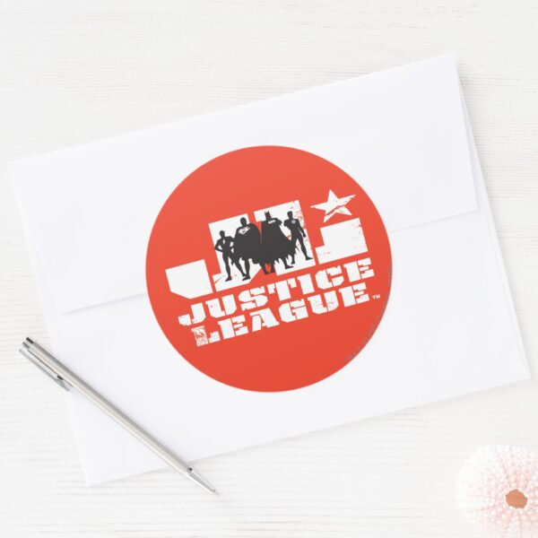 Justice_League_Logo_and_Character_Silhouettes_Classic_Round_Sticker_3 Justice League Logo And Character Silhouettes Classic Round Sticker