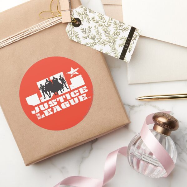 Justice_League_Logo_and_Character_Silhouettes_Classic_Round_Sticker_5 Justice League Logo And Character Silhouettes Classic Round Sticker