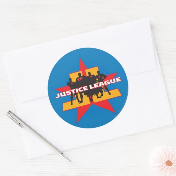 Justice_League_Silhouettes_and_Star_Background_Classic_Round_Sticker_3 Justice League Silhouettes And Star Background Classic Round Sticker