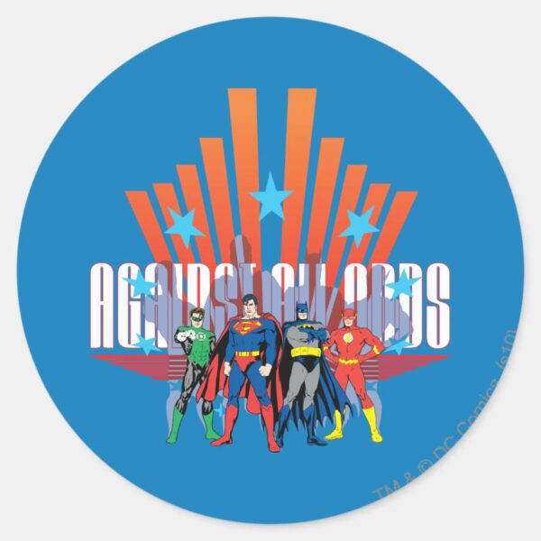 Justice_League__Against_All_Odds__Classic_Round_Sticker_1 Justice League Against All Odds Classic Round Sticker