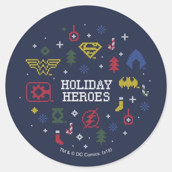Justice_League__Holiday_Heroes__Faux_Cross-Stitch_Classic_Round_Sticker_1 Justice League Holiday Heroes Faux Cross Stitch Classic Round Sticker