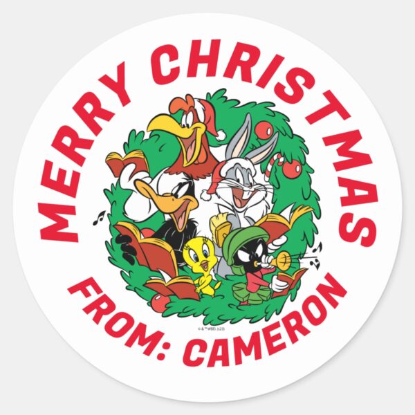 LOONEY_TUNES™_Group_Christmas_Wreath_Classic_Round_Sticker_1 LOONEY TUNES™ Group Christmas Wreath Classic Round Sticker