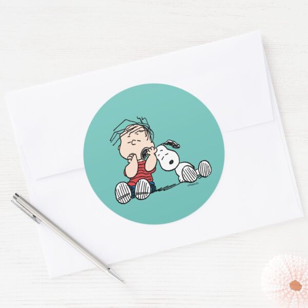 Linus_Comforted_With_Snoopy's_Ear_Classic_Round_Sticker_3 Linus Comforted With Snoopys Ear Classic Round Sticker