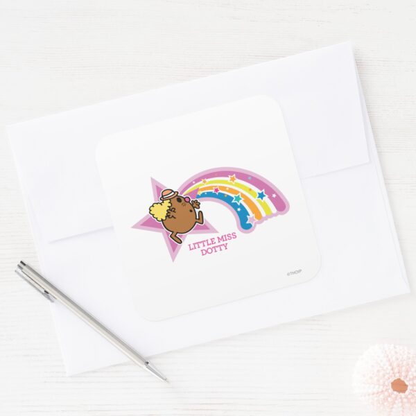 Little_Miss_Dotty___Chasing_Rainbows_Square_Sticker_3 Little Miss Dotty Chasing Rainbows Square Sticker