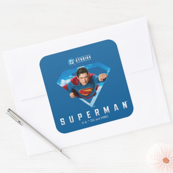 Man_of_Steel_in_Flight_Square_Sticker_3 Man Of Steel In Flight Square Sticker