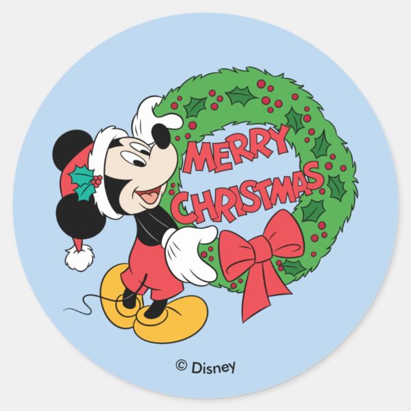 Merry_Christmas___Mickey_Mouse_Holiday_Wreath_Classic_Round_Sticker_1 Merry Christmas Mickey Mouse Holiday Wreath Classic Round Sticker