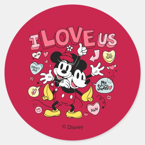 Mickey_Mouse_&_Minnie_Mouse___I_Love_Us_Classic_Round_Sticker_1 Mickey Mouse Minnie Mouse I Love Us Classic Round Sticker