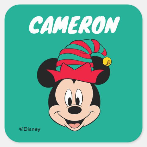 Mickey_Mouse___Christmas_Elf_Hat___Add_Your_Name_Square_Sticker_1 Mickey Mouse Christmas Elf Hat Add Your Name Square Sticker