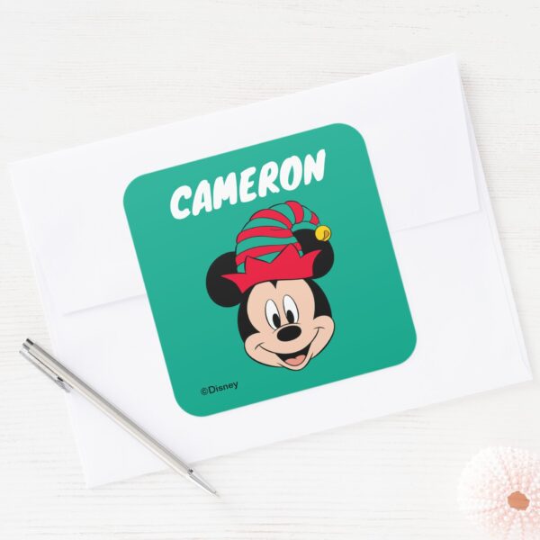Mickey_Mouse___Christmas_Elf_Hat___Add_Your_Name_Square_Sticker_3 Mickey Mouse Christmas Elf Hat Add Your Name Square Sticker