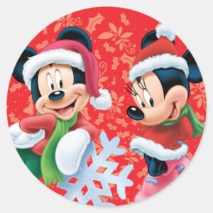 Mickey_&_Minnie_With_Snowflake_Classic_Round_Sticker_1 Mickey Minnie With Snowflake Classic Round Sticker